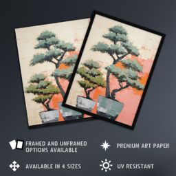 Artery8 Wall Art Print Two Japanese Bonsai Tree Plant Pots Thick Palette Knife Oil Painting Artwork Framed in Pink - Size: A4 - thumbnail 2