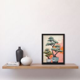 Artery8 Wall Art Print Two Japanese Bonsai Tree Plant Pots Thick Palette Knife Oil Painting Artwork Framed in Pink - Size: A4 - thumbnail 4