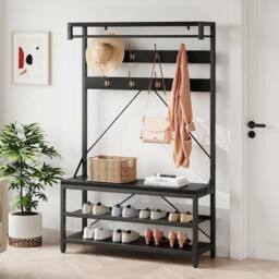 London Boutique 4-in-1 Hallway Storage Unit Coat Rack w/Shoe Bench&8-Hook Clothes Rack in Black - thumbnail 2