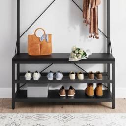 London Boutique 4-in-1 Hallway Storage Unit Coat Rack w/Shoe Bench&8-Hook Clothes Rack in Black - thumbnail 7