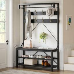 London Boutique 4-in-1 Hallway Storage Unit Coat Rack w/Shoe Bench&8-Hook Clothes Rack in Black - thumbnail 9
