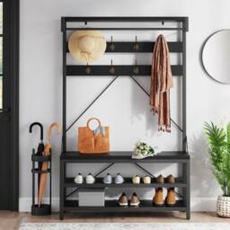 London Boutique 4-in-1 Hallway Storage Unit Coat Rack w/Shoe Bench&8-Hook Clothes Rack in Black
