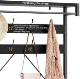 London Boutique 4-in-1 Hallway Storage Unit Coat Rack w/Shoe Bench&8-Hook Clothes Rack in Black - thumbnail 8