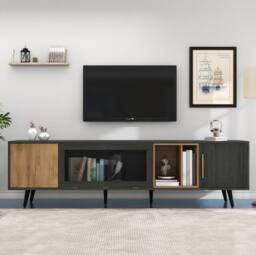 STILVORA TV Stand with Storage & Glass Door in Grey