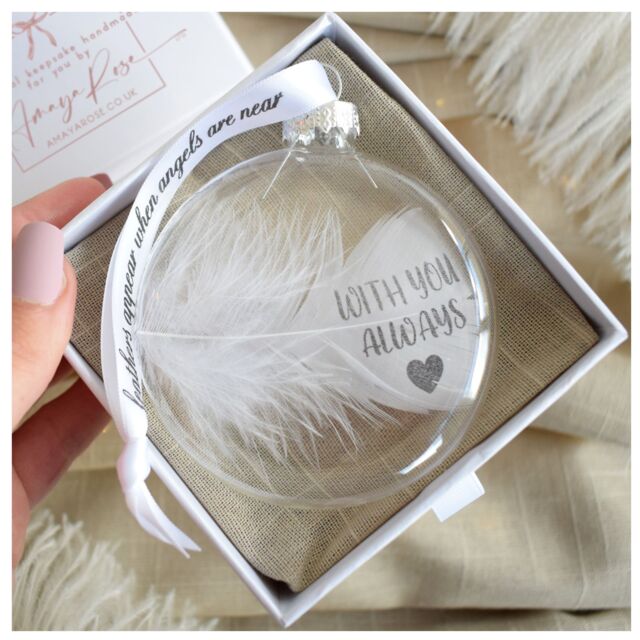 Amaya Rose Ltd In Memory of With You Always Feather Round Bauble Gift Boxed. Memorial in Clear