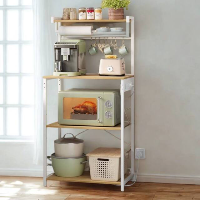 Pirlo Plush Industrial 4 Tier Smart Kitchen Bakers Rack With Power Outlets in Light Oak - image 1