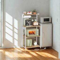 Pirlo Plush Industrial 4 Tier Smart Kitchen Bakers Rack With Power Outlets in Light Oak - thumbnail 4