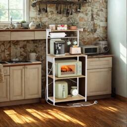 Pirlo Plush Industrial 4 Tier Smart Kitchen Bakers Rack With Power Outlets in Light Oak - thumbnail 3