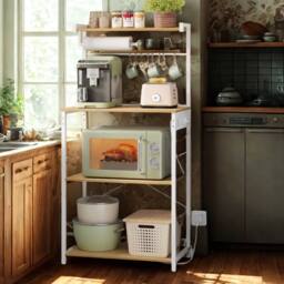 Pirlo Plush Industrial 4 Tier Smart Kitchen Bakers Rack With Power Outlets in Light Oak - thumbnail 5