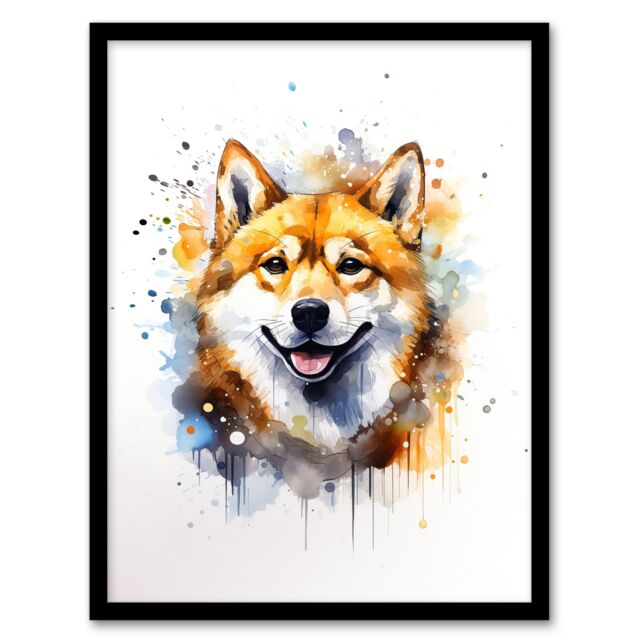 "Artery8 Wall Art Print Shiba Inu Lovers Gift Watercolour Pet Portrait Painting Artwork Art Framed - Size: W12"" x H16""" - image 1