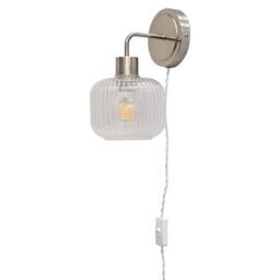 First Choice Lighting Toby - Satin Nickel Plug in Wall Light with Batley Ribbed Glass Shade in Silver