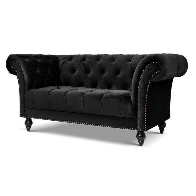Bravich LTD Chesterfield Rolled Arm Velvet Sofa Buttoned Back Living Room Settee in Black - Size: 2 Seater - image 1
