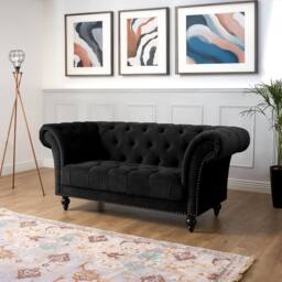 Bravich LTD Chesterfield Rolled Arm Velvet Sofa Buttoned Back Living Room Settee in Black - Size: 2 Seater - thumbnail 3