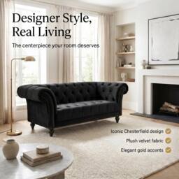 Bravich LTD Chesterfield Rolled Arm Velvet Sofa Buttoned Back Living Room Settee in Black - Size: 2 Seater - thumbnail 4