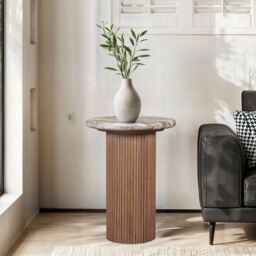 IH Design Bundi Natural Marble & Wood Pedestal Side Table in Brown - thumbnail 4