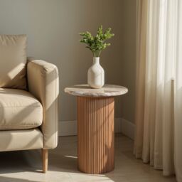 IH Design Bundi Natural Marble & Wood Pedestal Side Table in Brown - thumbnail 1