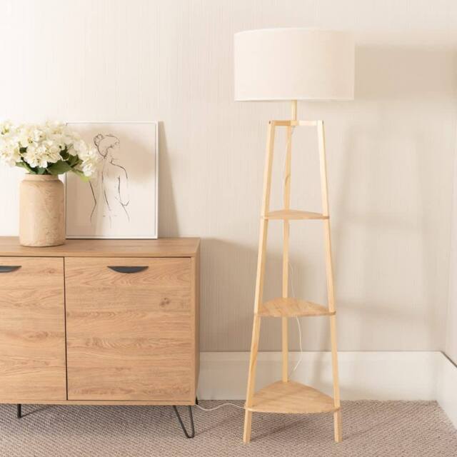 ValueLights Hiru Wooden 3 Tier Shelf Floor Lamp with Trimmed Linen Shade & Bulb in White - image 1