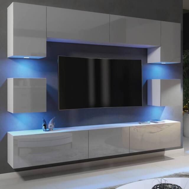 Mex Furniture LTD Wall TV Unit Panorama - White & Grey Gloss Doors & LED Lights - image 1