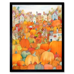 "Artery8 Wall Art Print Halloween Pumpkin Festival Autumn Harvest Modern Folk Art Watercolour Painting Art Framed in Black - Size: W12"" x H16""" - thumbnail 1