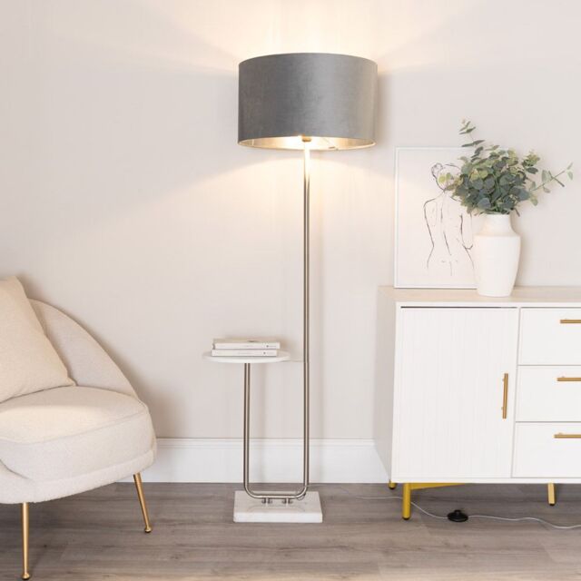 ValueLights Tavel Chrome Floor Lamp with Table & Grey Velvet & Chrome Lamp Shade & Bulb - image 1