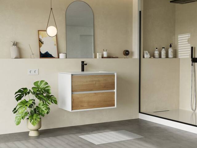 Vente-unique Wall-Hung Vanity Unit - Natural & White - 80 Cm - LANNICK in Light Oak - image 1