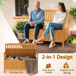 Costway 125L Outdoor Storage Bench Deck Box Patio Acacia Wood Storage Loveseat in Natural - thumbnail 9