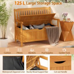Costway 125L Outdoor Storage Bench Deck Box Patio Acacia Wood Storage Loveseat in Natural - thumbnail 8