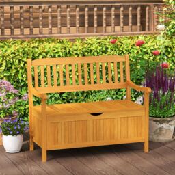 Costway 125L Outdoor Storage Bench Deck Box Patio Acacia Wood Storage Loveseat in Natural - thumbnail 3