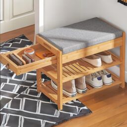 Rafaelo Mobilia Bamboo Shoe Storage Bench With Hidden Drawer & Cushioned Seat in Brown - thumbnail 2