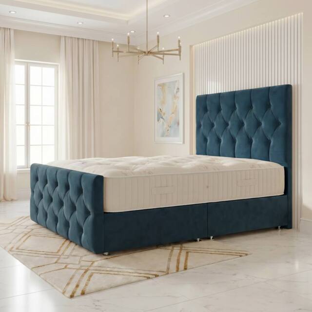 "Somnior Ziggy Velvet Divan Bed Mattress No Draw 54"" Headboard 22"" Footboard in Navy - Size: Super King" - image 1