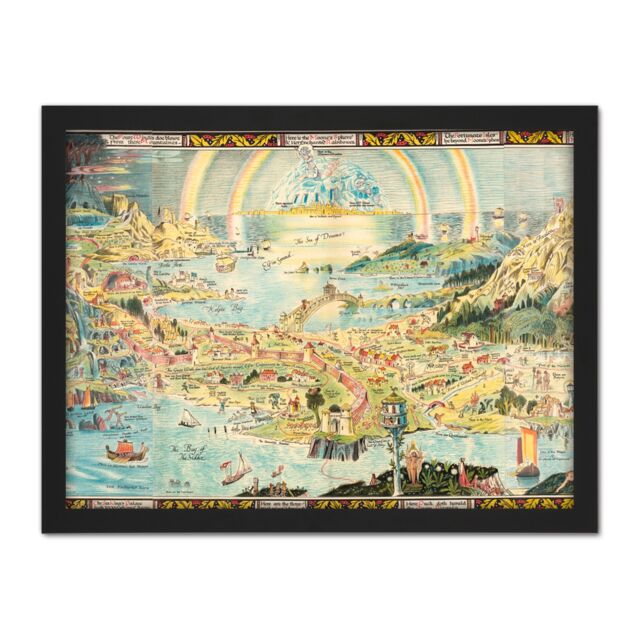 "Artery8 Wall Art Print Map Sleigh 1918 Ancient Fairyland Fantasy Chart Large Framed Wall Décor Art in Light Oak - Size: W18"" x H24""" - image 1