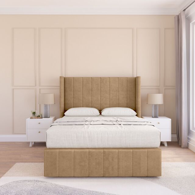 "Sloomy Melbourne Dumfries Wingback Bed Set, No Drawers & 54"" Floor Standing Headboard in Light Beige - Size: Single" - image 1