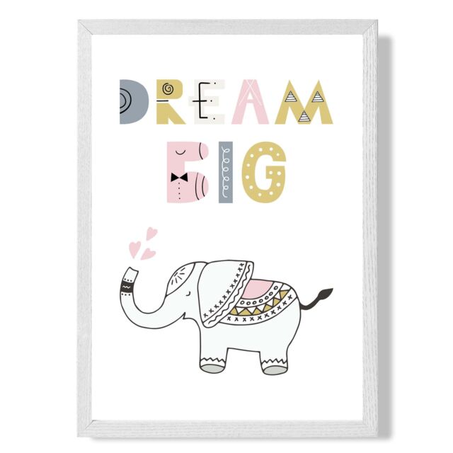 ARTZE Cute Dream Big Elephant Scandi Quote Framed Print SIZE: A3 with White Frame in Pink - Size: A4 - image 1