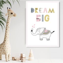 ARTZE Cute Dream Big Elephant Scandi Quote Framed Print SIZE: A3 with White Frame in Pink - Size: A4 - thumbnail 2