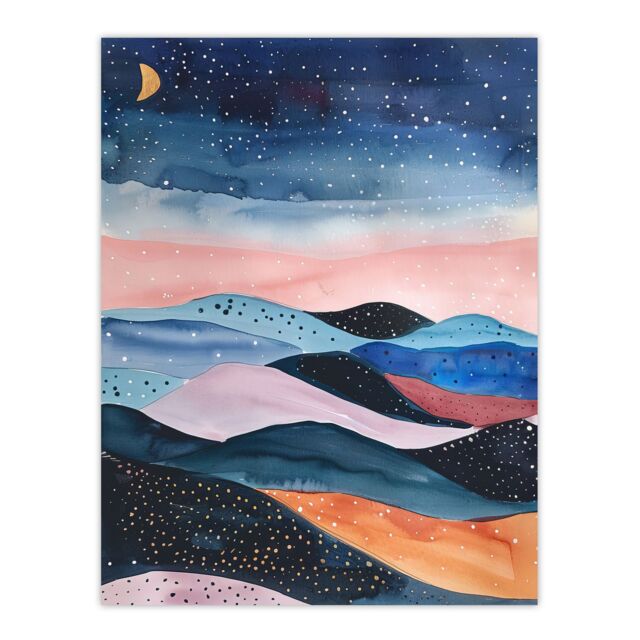 "Artery8 Abstract Boho Landscape Starry Night Sky Folk Art Wall Art Print in Pink - Size: W24"" x H32""" - image 1