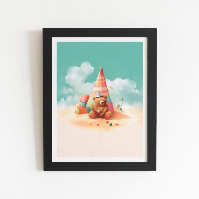 "Warren Reed - Designer A Bear On A Beach Holiday Framed Art Print in Black - Size: W20"" x H30""" - image 1