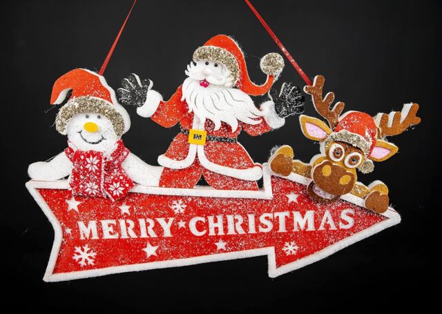 Shatchi Christmas Plaque Arrow Merry Christmas Santa Clause Snowman Reindeer Holding This Way Sign Door Hanging Decoration in Red - image 1