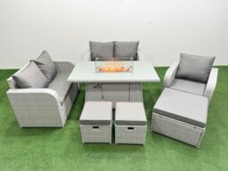 Fimous High Back Poly Rattan Garden Furniture Set with Reclining Chair Loveseat Sofa Firepit Dining Table Indoor Outdoor Patio Set 3 Stools Light Grey - thumbnail 2