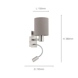 Eglo Pasteri Satin Nickel Metal & Fabric Wall Light With Integrated LED Adjustable Reading Light in Taupe - thumbnail 3