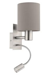 Eglo Pasteri Satin Nickel Metal & Fabric Wall Light With Integrated LED Adjustable Reading Light in Taupe