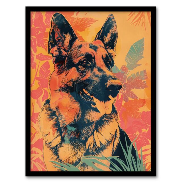"Artery8 Wall Art Print German Shepherd Colourful Botanical Pet Portrait Art Framed Poster in Black - Size: W12"" x H16""" - image 1