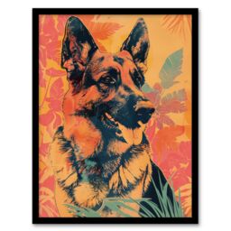 "Artery8 Wall Art Print German Shepherd Colourful Botanical Pet Portrait Art Framed Poster in Black - Size: W12"" x H16""" - thumbnail 1