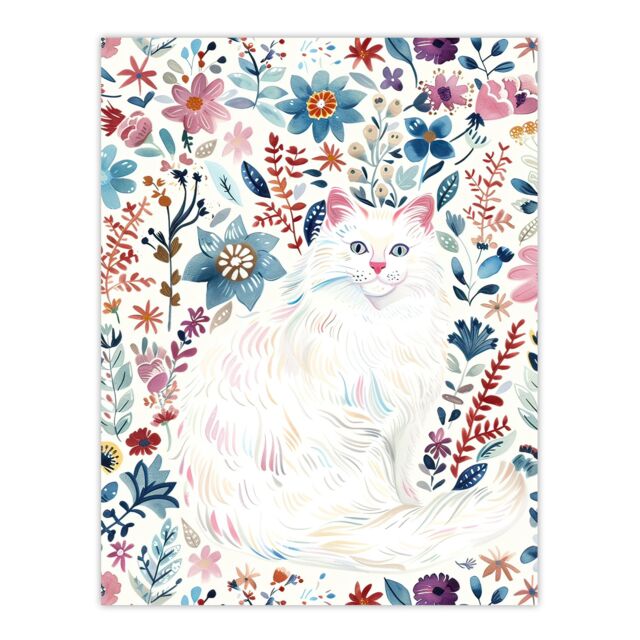 "Artery8 Turkish Angora & Floral Pattern White Cat Lover Wall Art Print - Size: W24"" x H32""" - image 1