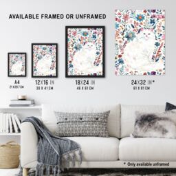 "Artery8 Turkish Angora & Floral Pattern White Cat Lover Wall Art Print - Size: W24"" x H32""" - thumbnail 3