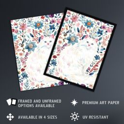 "Artery8 Turkish Angora & Floral Pattern White Cat Lover Wall Art Print - Size: W24"" x H32""" - thumbnail 2