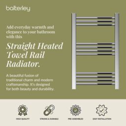 Balterley Straight Heated Towel Rail Radiator, 219W, 500 x 700mm, Chrome in Silver - thumbnail 2