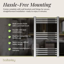 Balterley Straight Heated Towel Rail Radiator, 219W, 500 x 700mm, Chrome in Silver - thumbnail 4