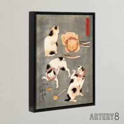 "Artery8 Four Cats in Different Poses Kuniyoshi Black Framed Canvas Art Print in Grey - Size: W12"" x H16""" - thumbnail 2