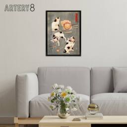 "Artery8 Four Cats in Different Poses Kuniyoshi Black Framed Canvas Art Print in Grey - Size: W12"" x H16""" - thumbnail 3