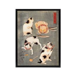 "Artery8 Four Cats in Different Poses Kuniyoshi Black Framed Canvas Art Print in Grey - Size: W12"" x H16""" - thumbnail 1